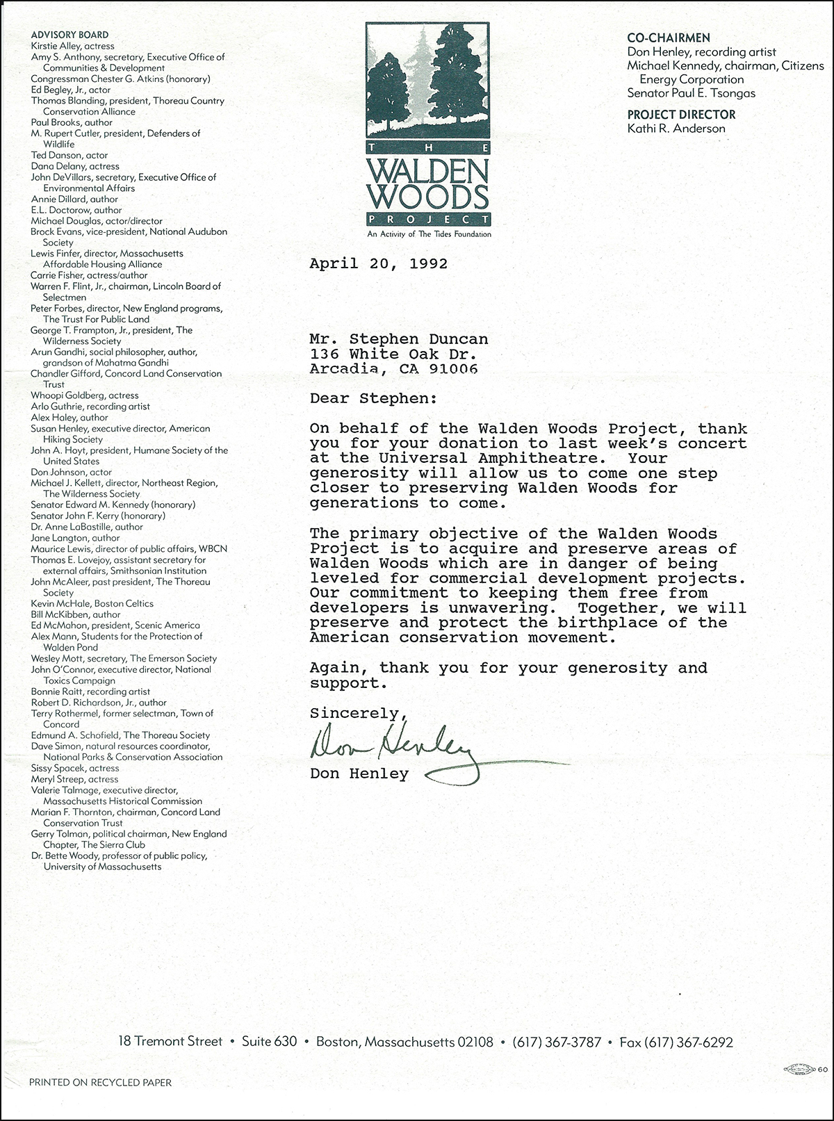 Don Henley - Walden Woods letter